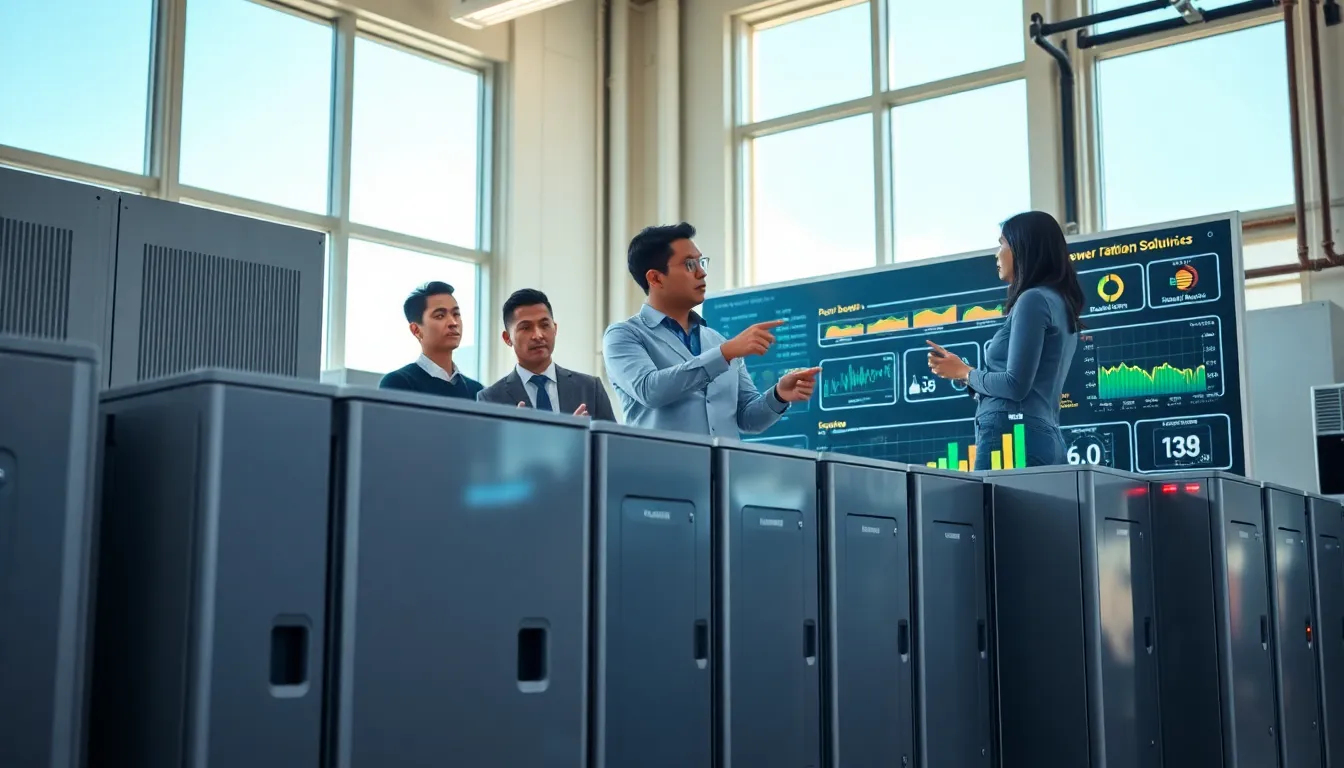 engineers discussing battery storage technology in a modern energy facility.