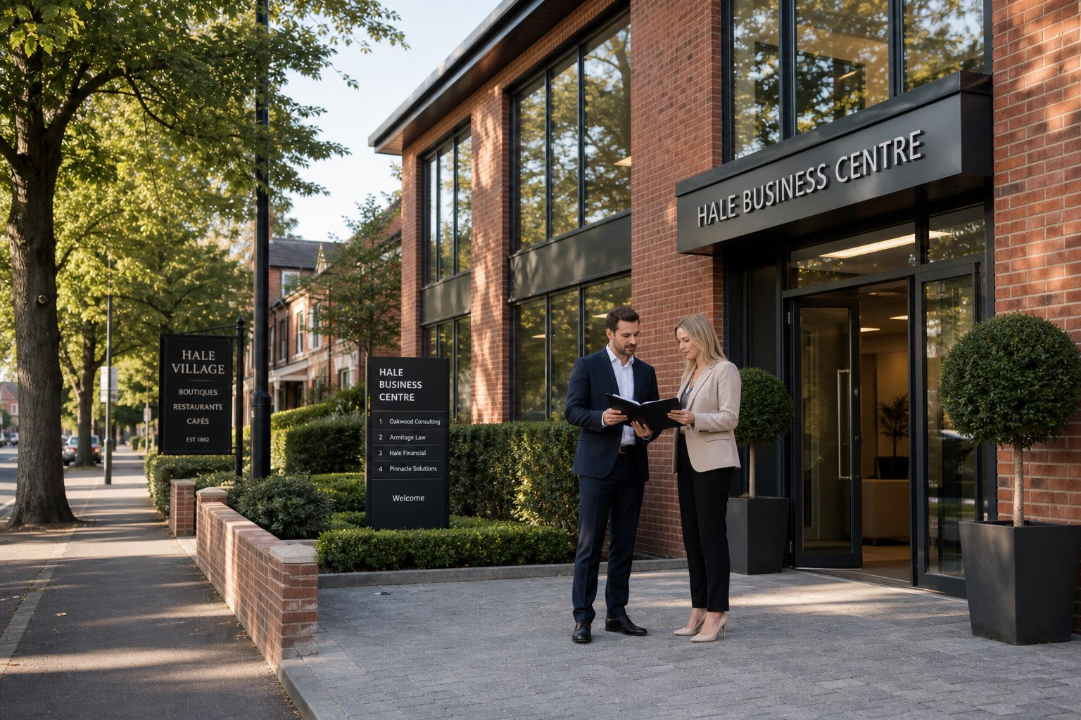 Client and adviser discussing a commercial property outside on a leafy street in Hale.