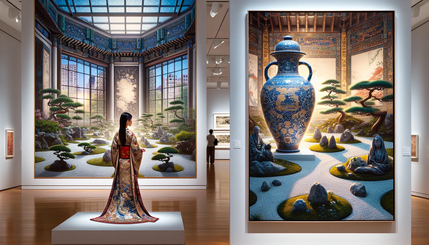 An art gallery displaying a Tang vase and a Zen garden artwork.