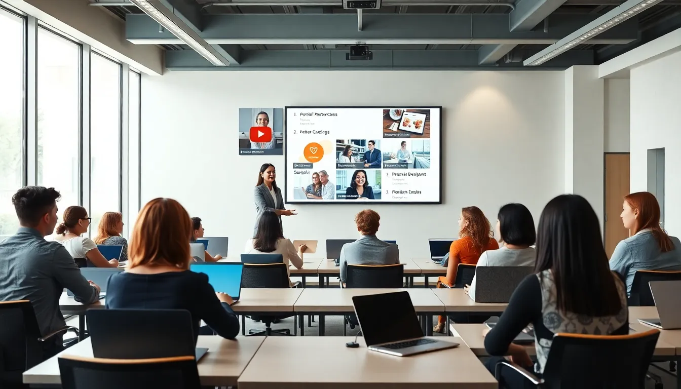 diverse group participating in a virtual masterclass in a modern classroom.