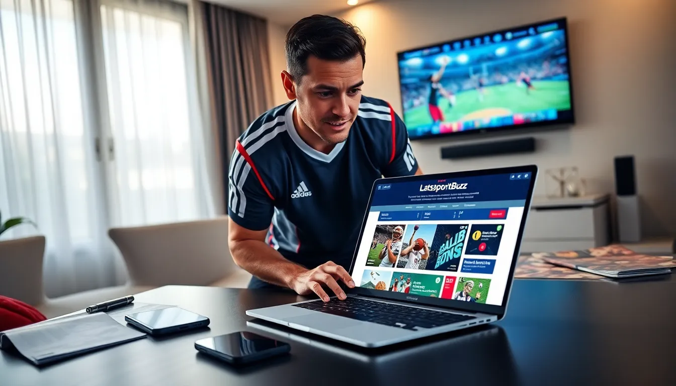 a man excitedly working on a laptop displaying sports news.