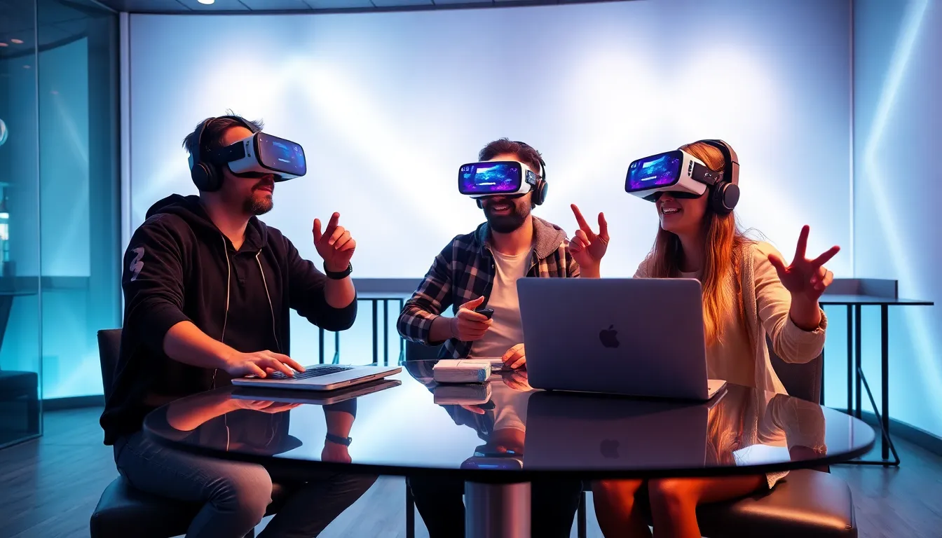 diverse group enjoying virtual reality gaming in a modern lounge.