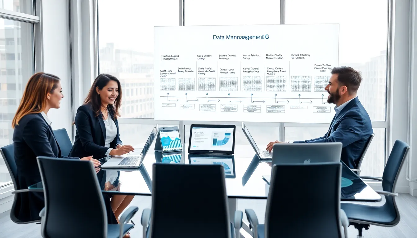 diverse team discussing data management in a modern office setting.