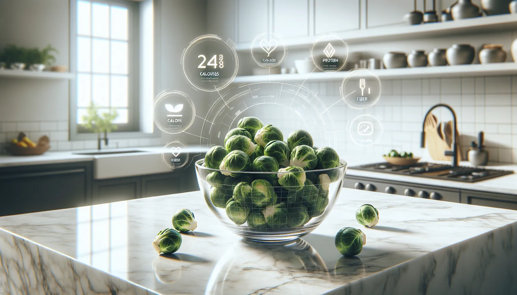 Fresh Brussels sprouts with nutrition values in a modern kitchen.