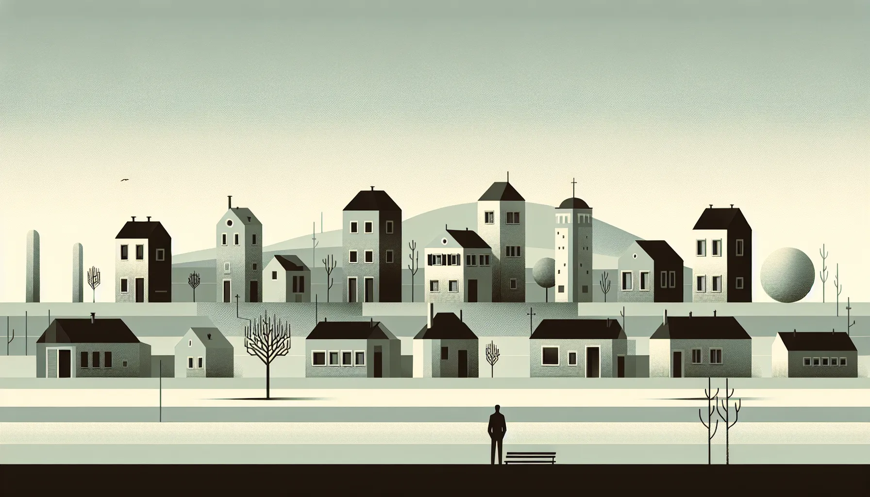 A person contemplating a small Croatian town in minimalist illustration style.