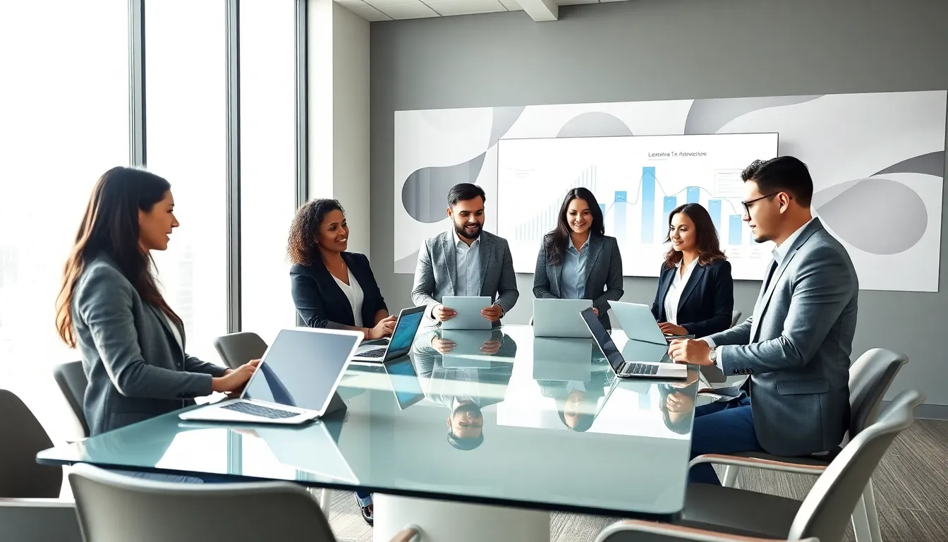 diverse legal team collaborating in a modern office on LegalTech solutions.