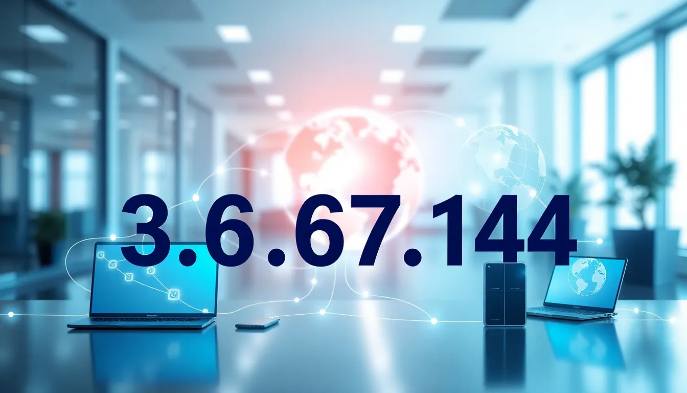 infographic showcasing the IP address 3.6.67.144 in a tech setting.