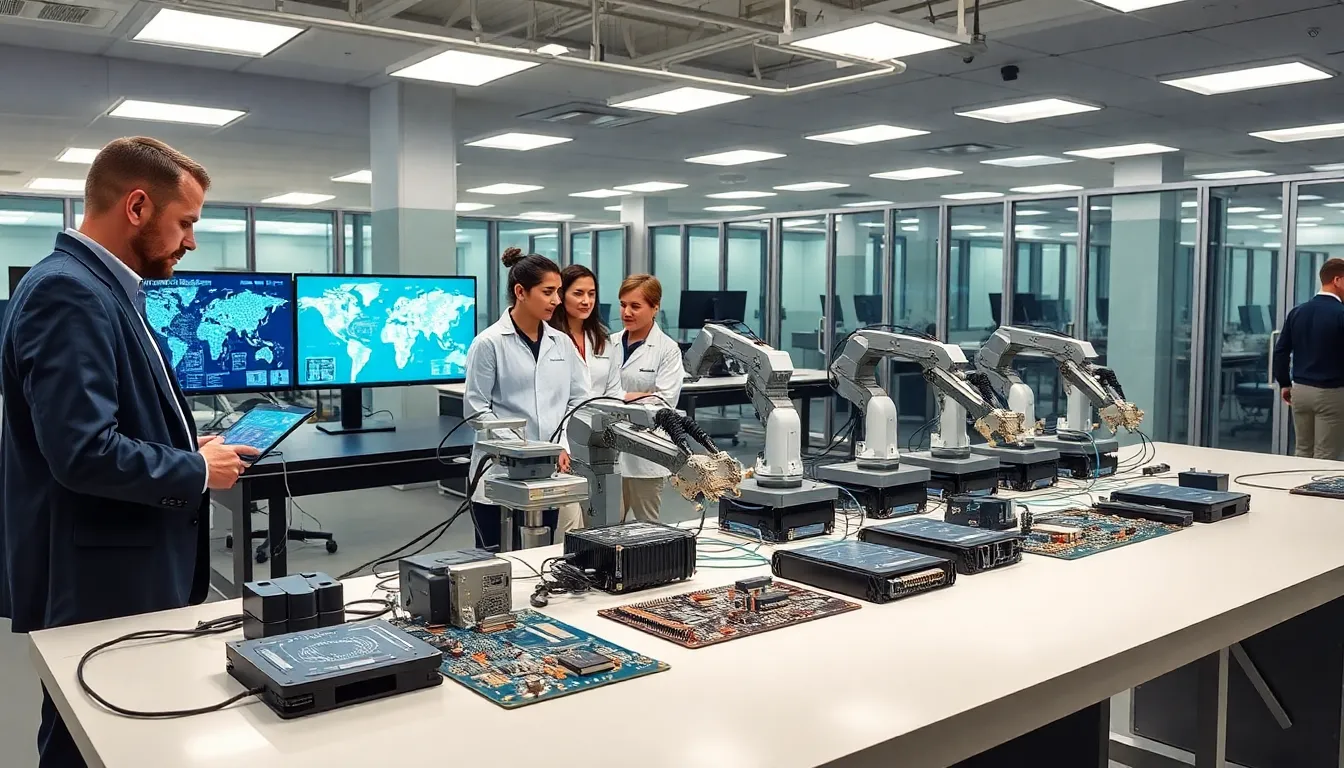 Professional engineers assembling PCBs in a modern electronics manufacturing facility.