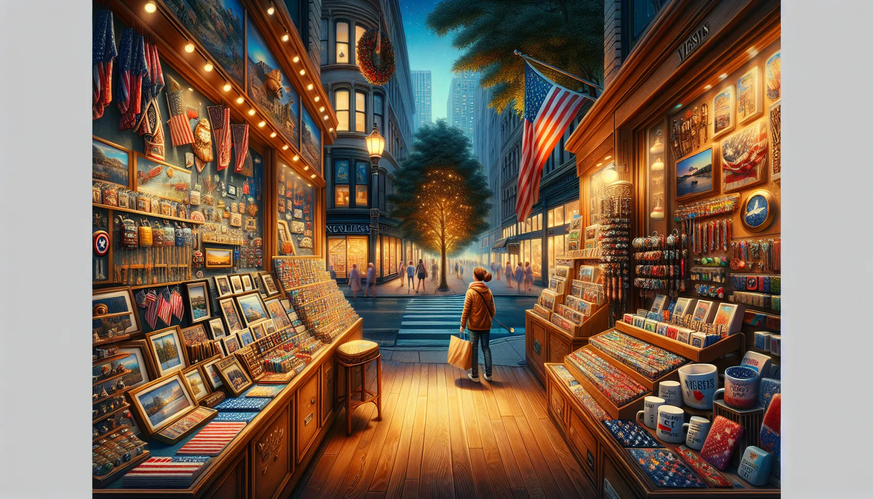 A welcoming souvenir shop displaying assorted keepsakes on a lively city street.
