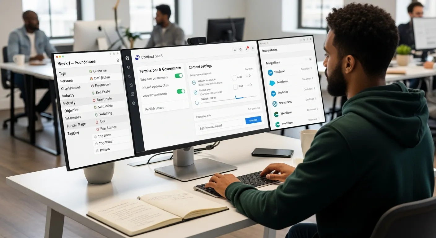 Marketing specialist configuring video testimonial permissions, consent, and integrations on a computer.