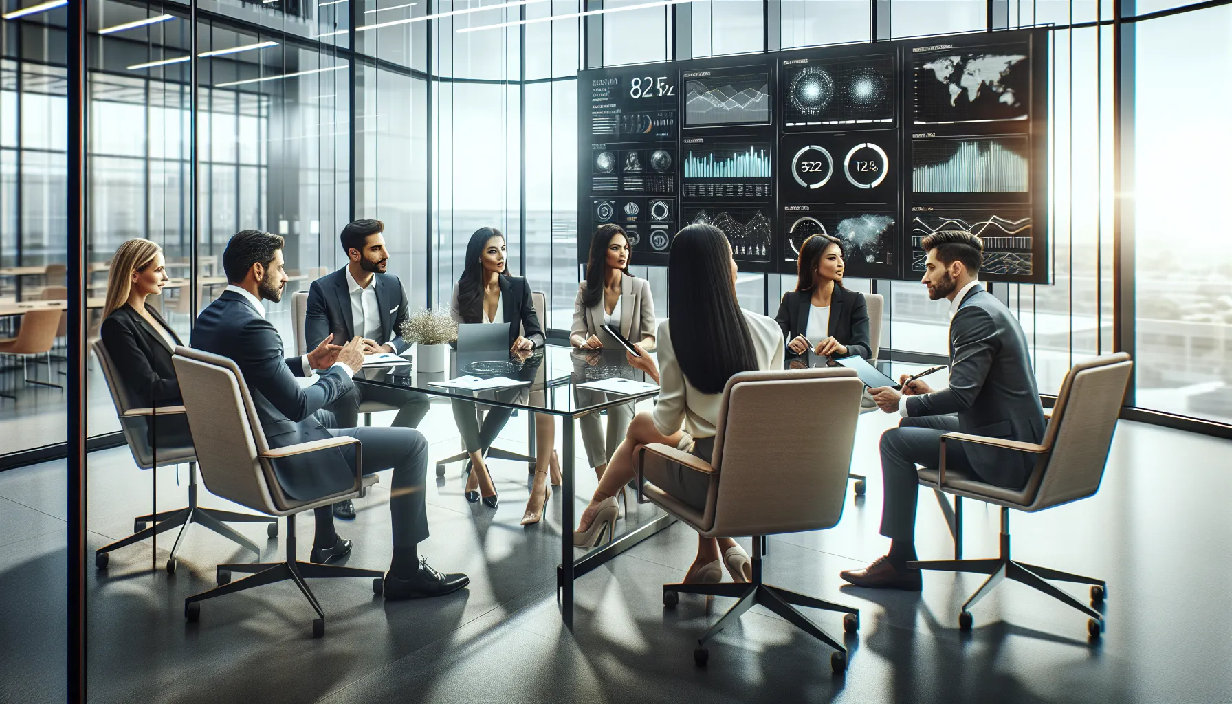 diverse team discussing data analytics in a modern office.