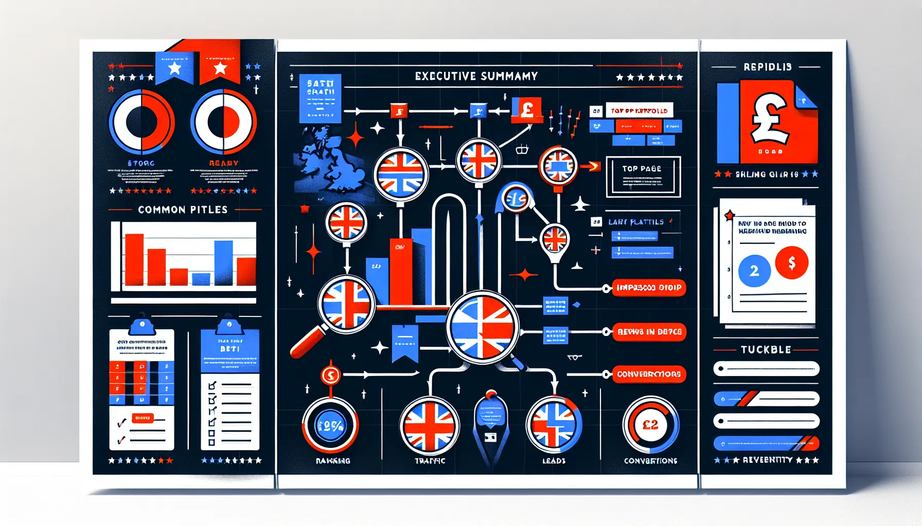 UK-focused SEO dashboard linking rankings to traffic, leads, and revenue with pitfalls.