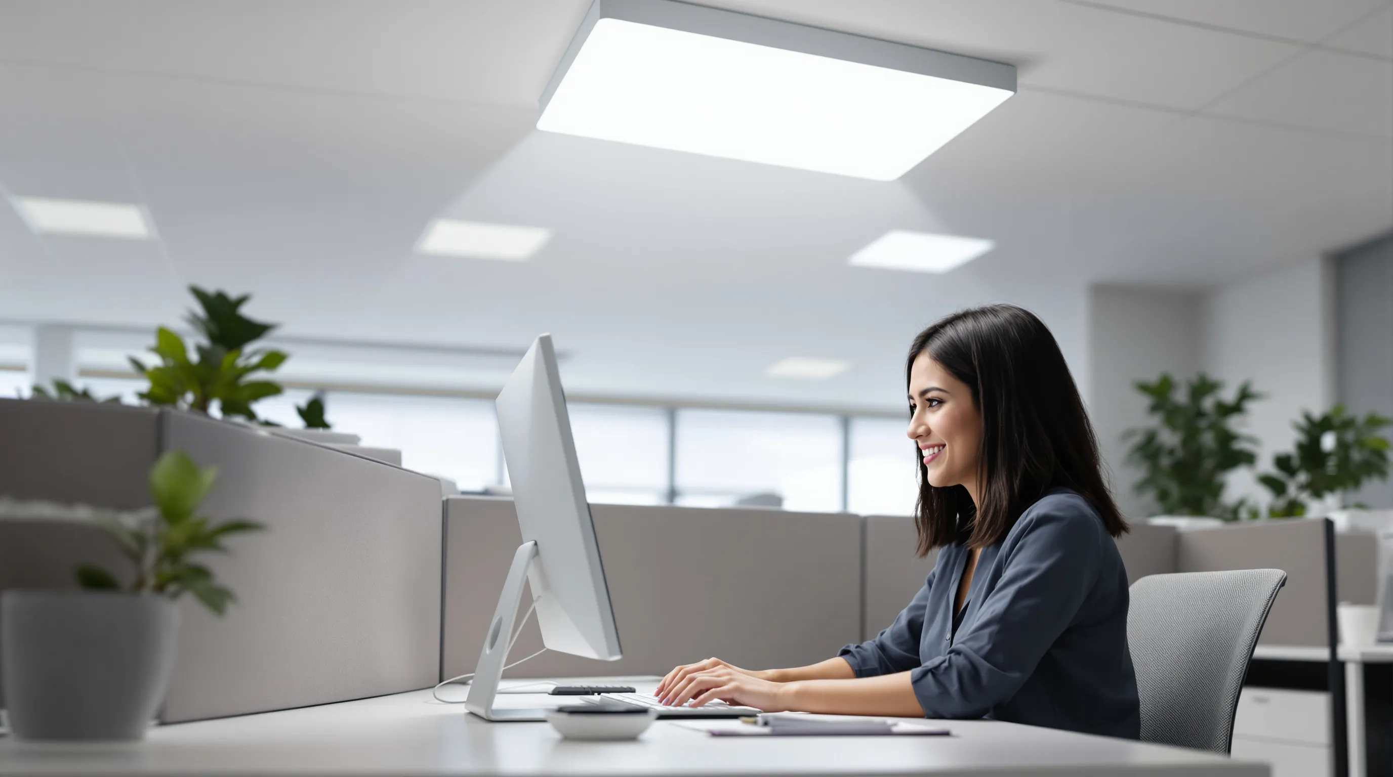 Fluorescent ceiling filter softening office lighting, easing eye strain for workers.