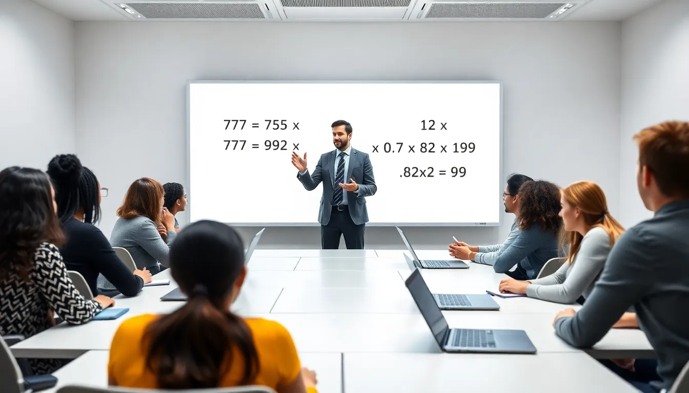 teacher demonstrating multiplication to diverse students in a modern classroom.