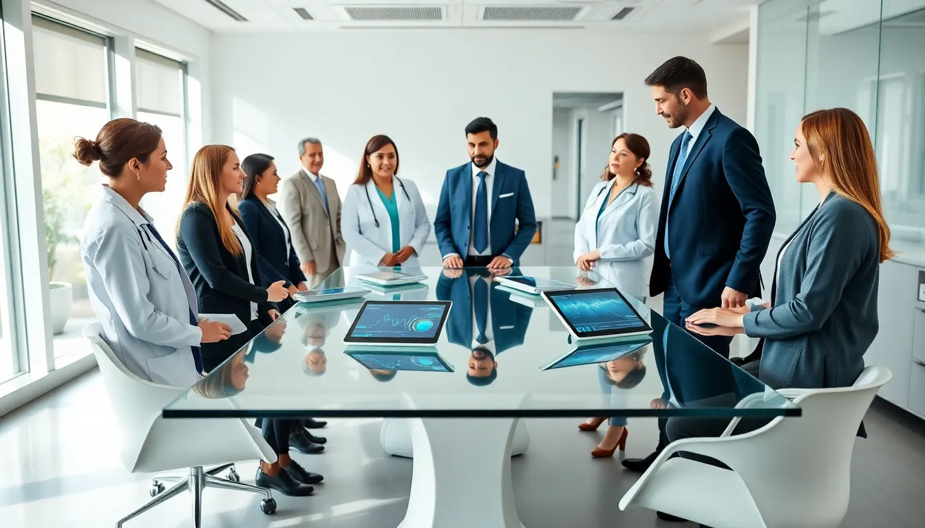 diverse healthcare team collaborating in a modern office.