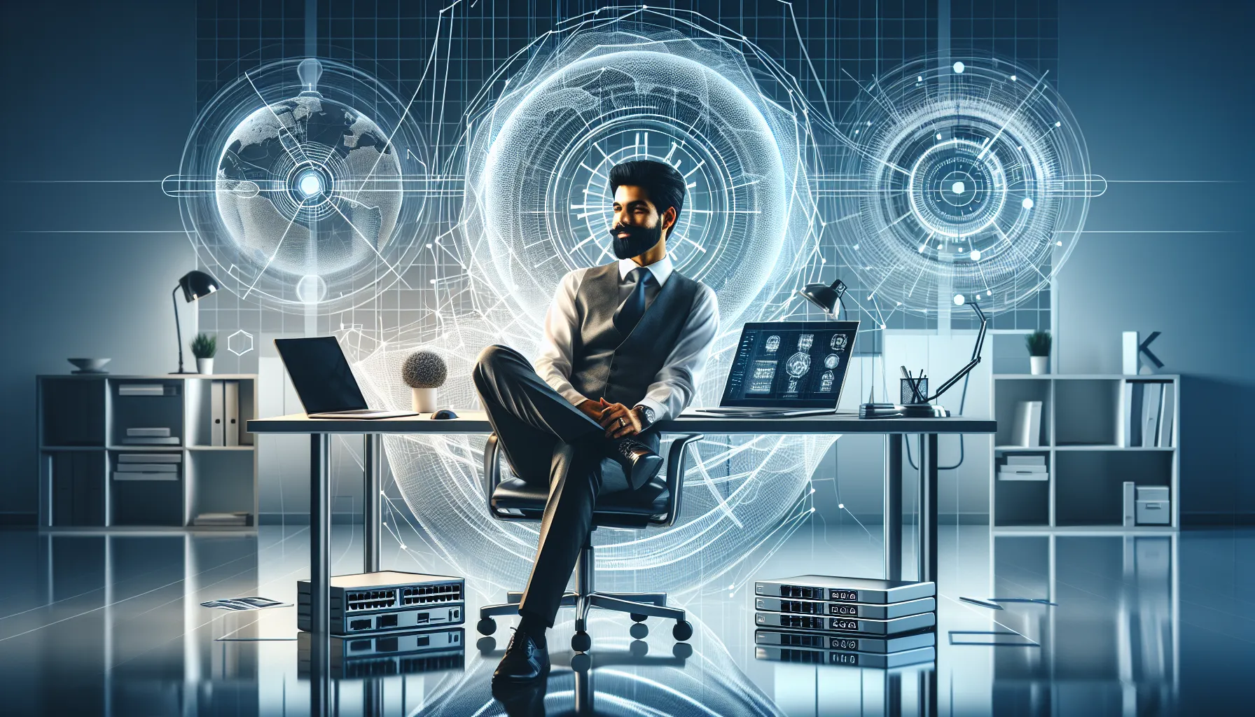 IT professional working on IP address networking in a modern office.