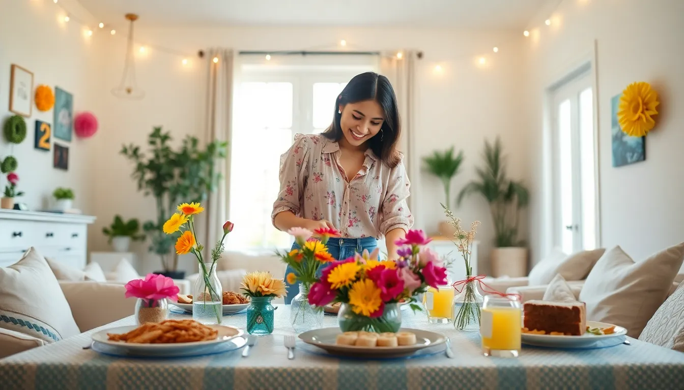 a young woman arranging a budget-friendly event in a cozy living room.