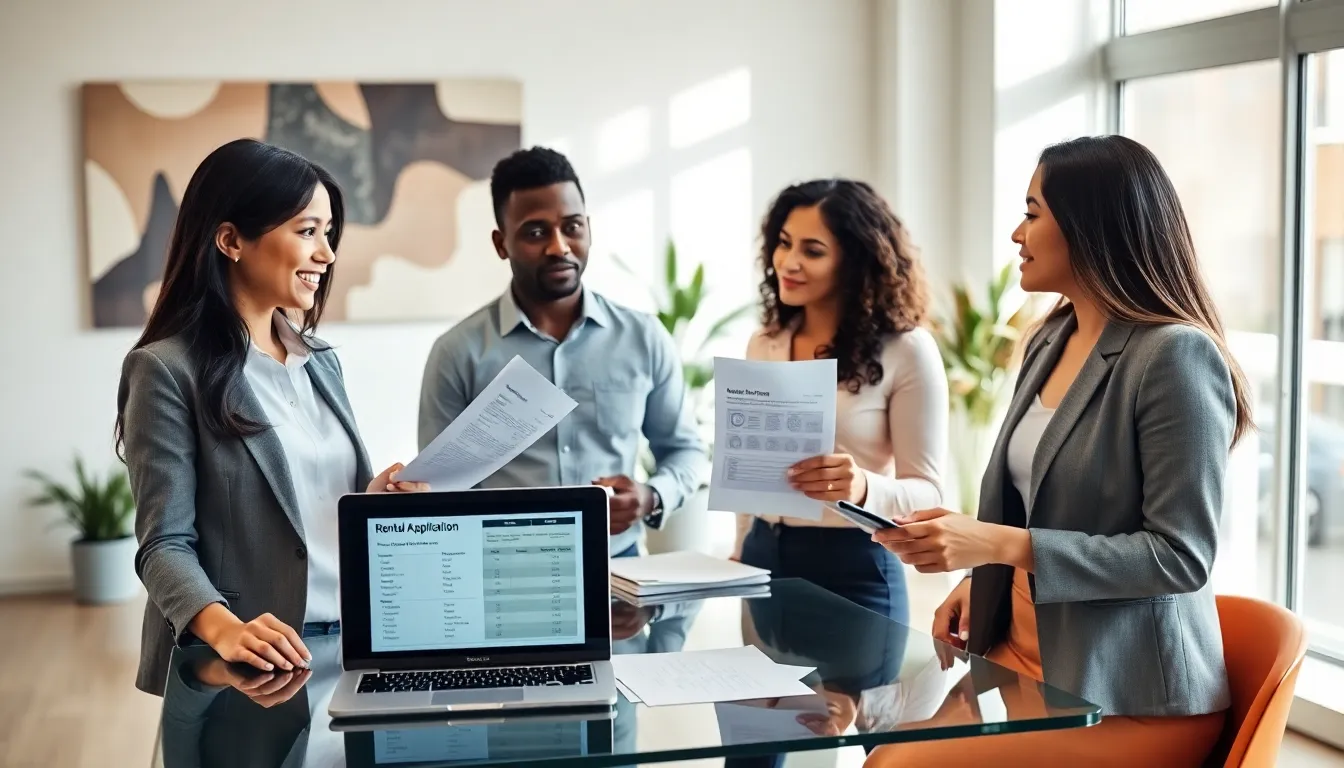 diverse team collaborating on rental application requirements in a modern office.
