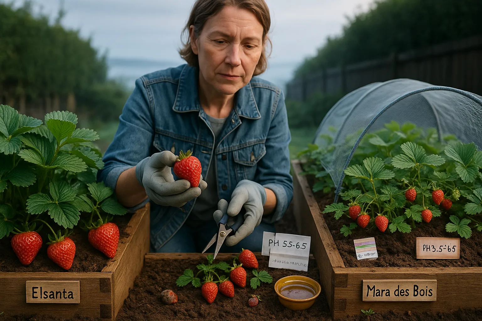 Gardener comparing Elsanta and Mara des Bois strawberry beds with bird netting.