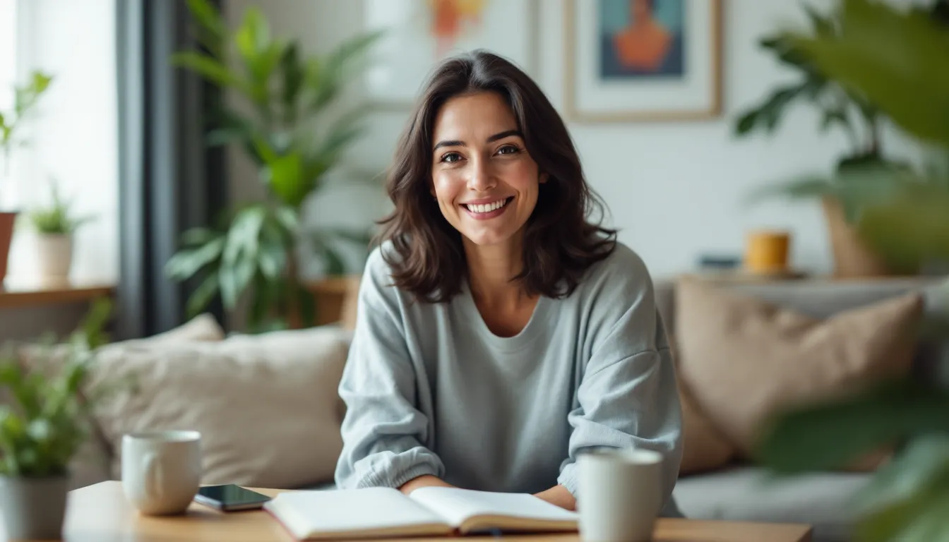 Woman sitting peacefully with eyes closed, hands on chest and belly, journaling nearby.