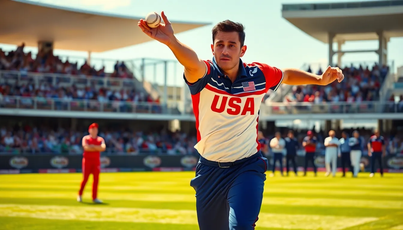 fast bowler delivering a ball on a cricket field.