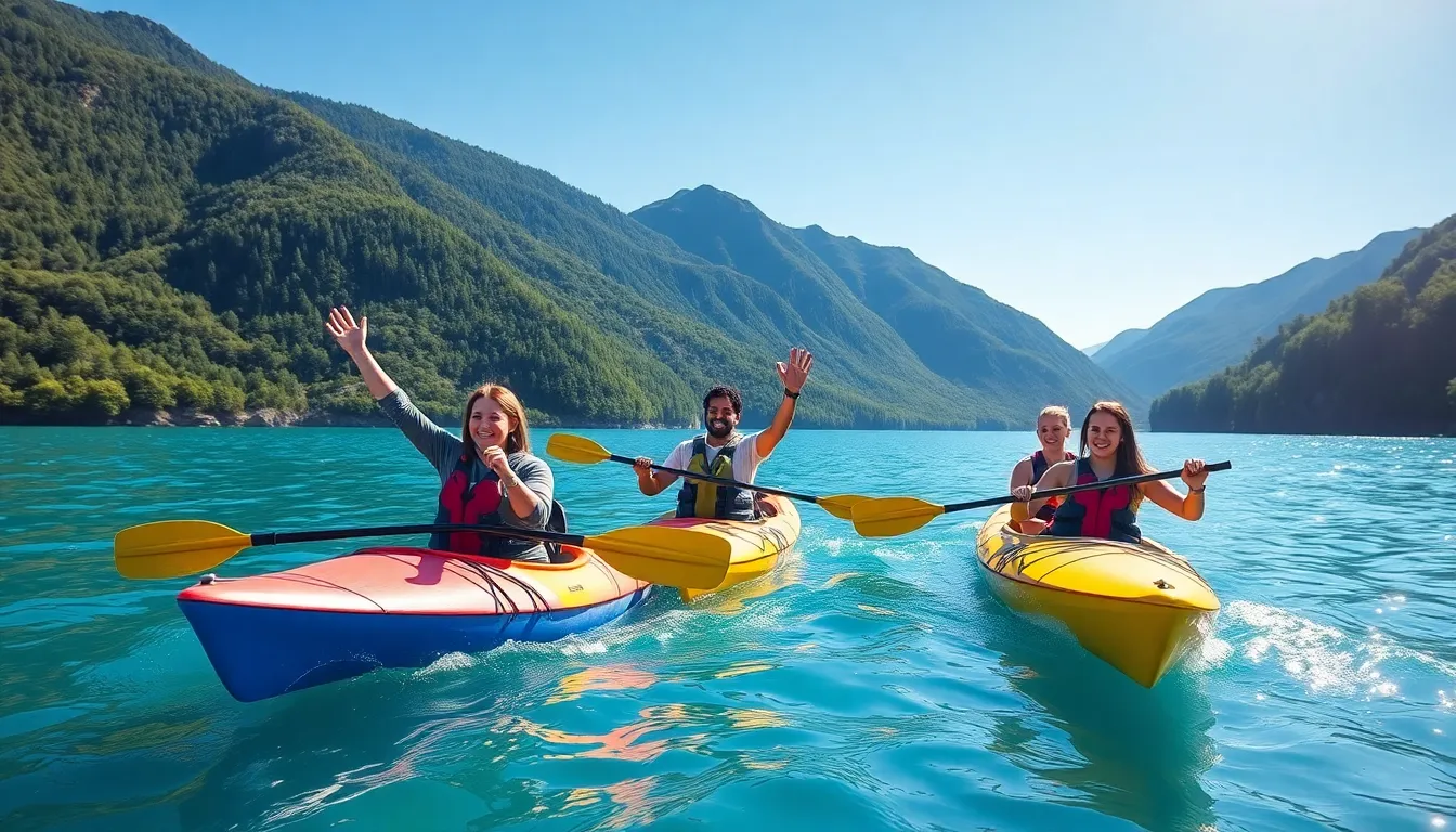 group kayaking on a clear lake with mountains in the background.