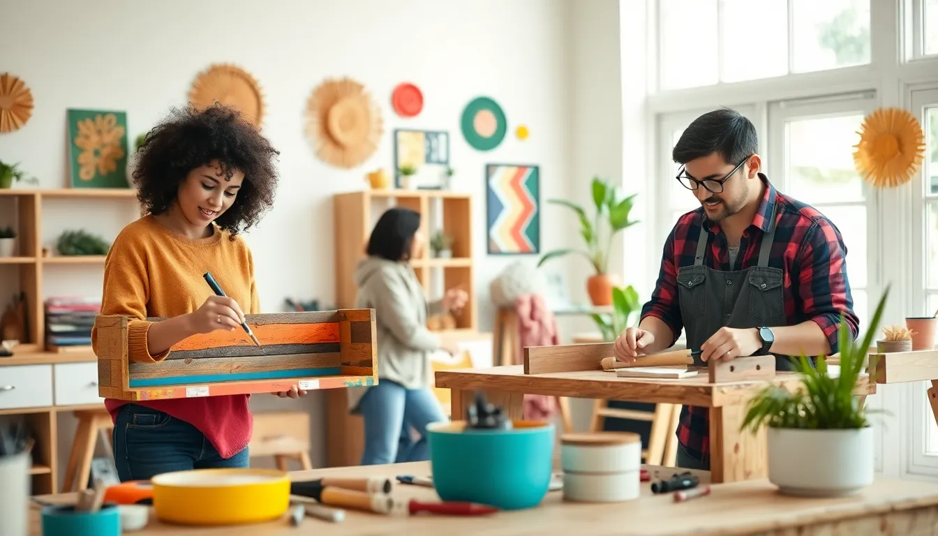 diverse people working on home DIY projects in a modern workspace.