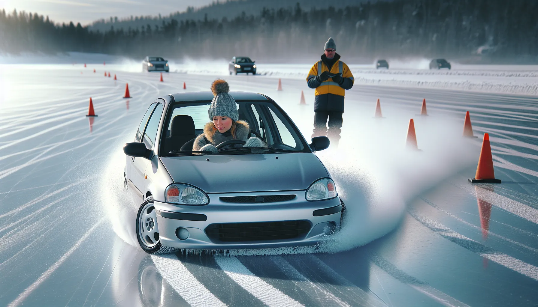 Car practicing skid control on icy Norwegian training track with instructor watching.