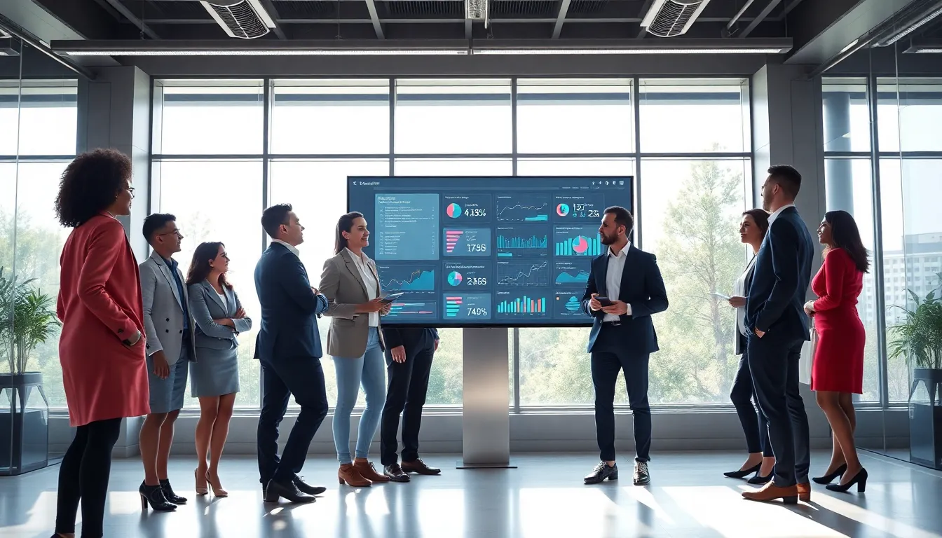diverse professionals discussing data optimization in a modern office.
