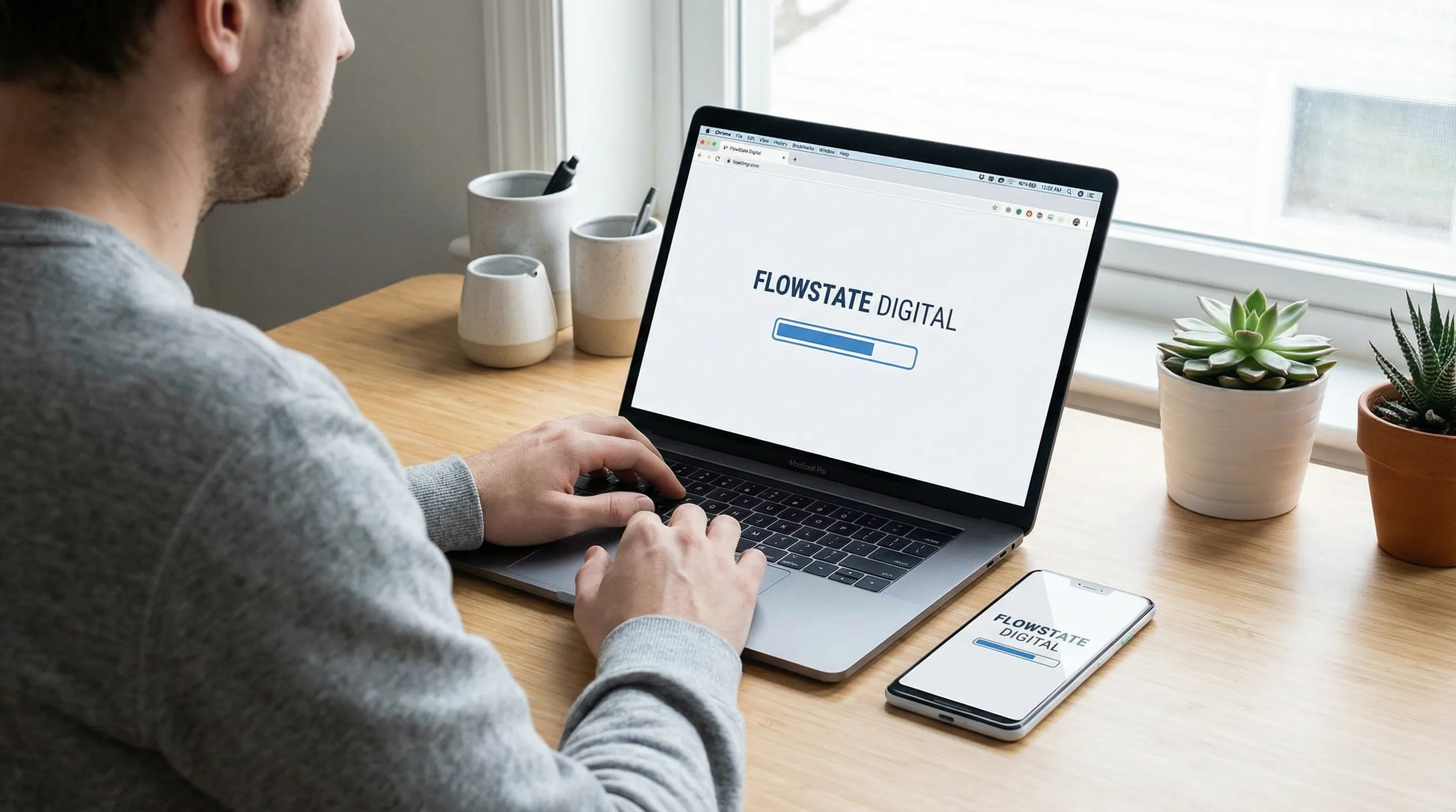 Designer testing a fast-loading, user-friendly website on a laptop and smartphone in a clean, modern workspace.