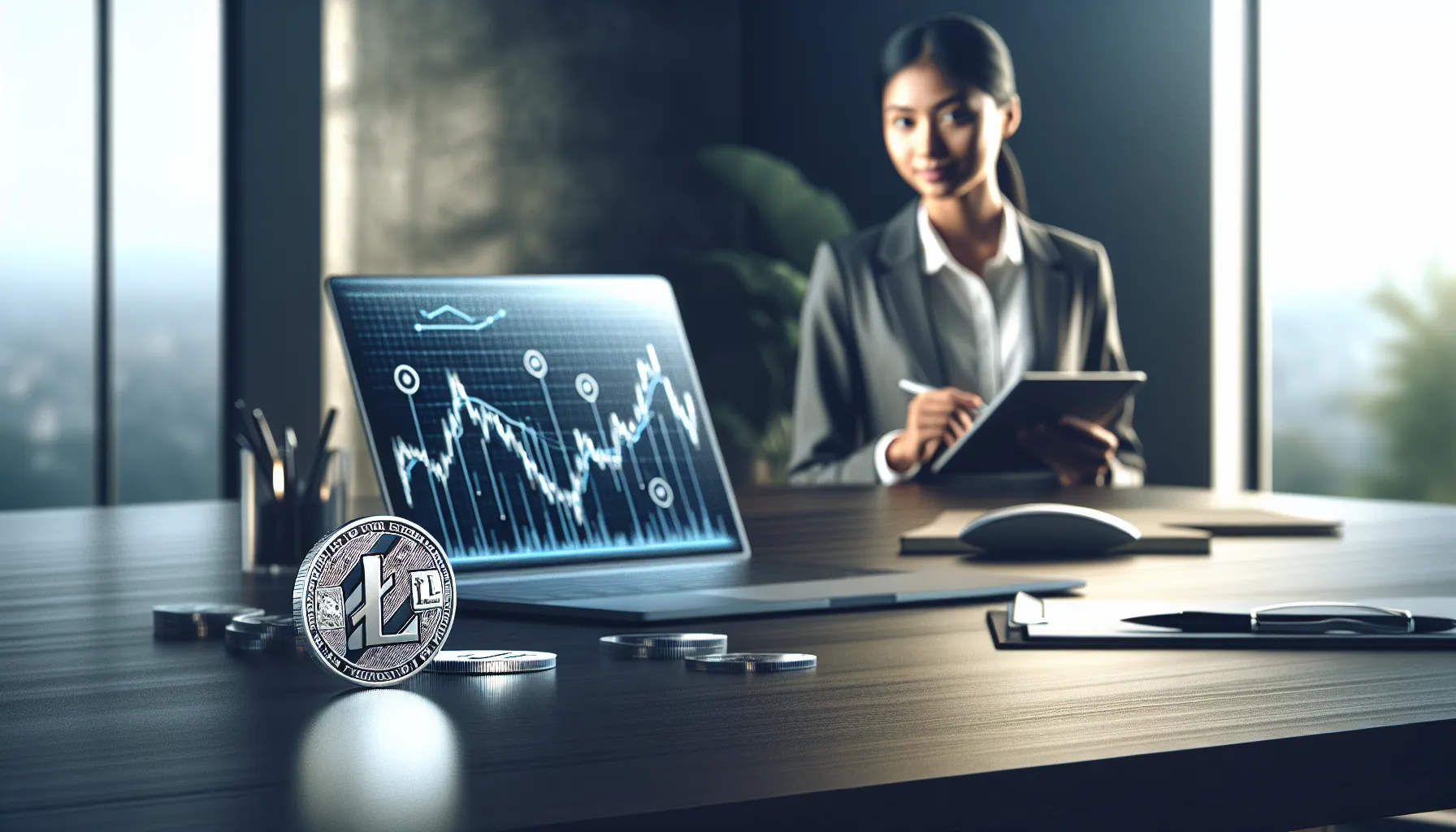 Professional reviewing Litecoin cryptocurrency investment data on laptop and tablet in modern office.