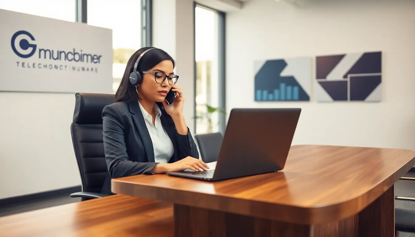 professional discussing telecommunications in a modern office.