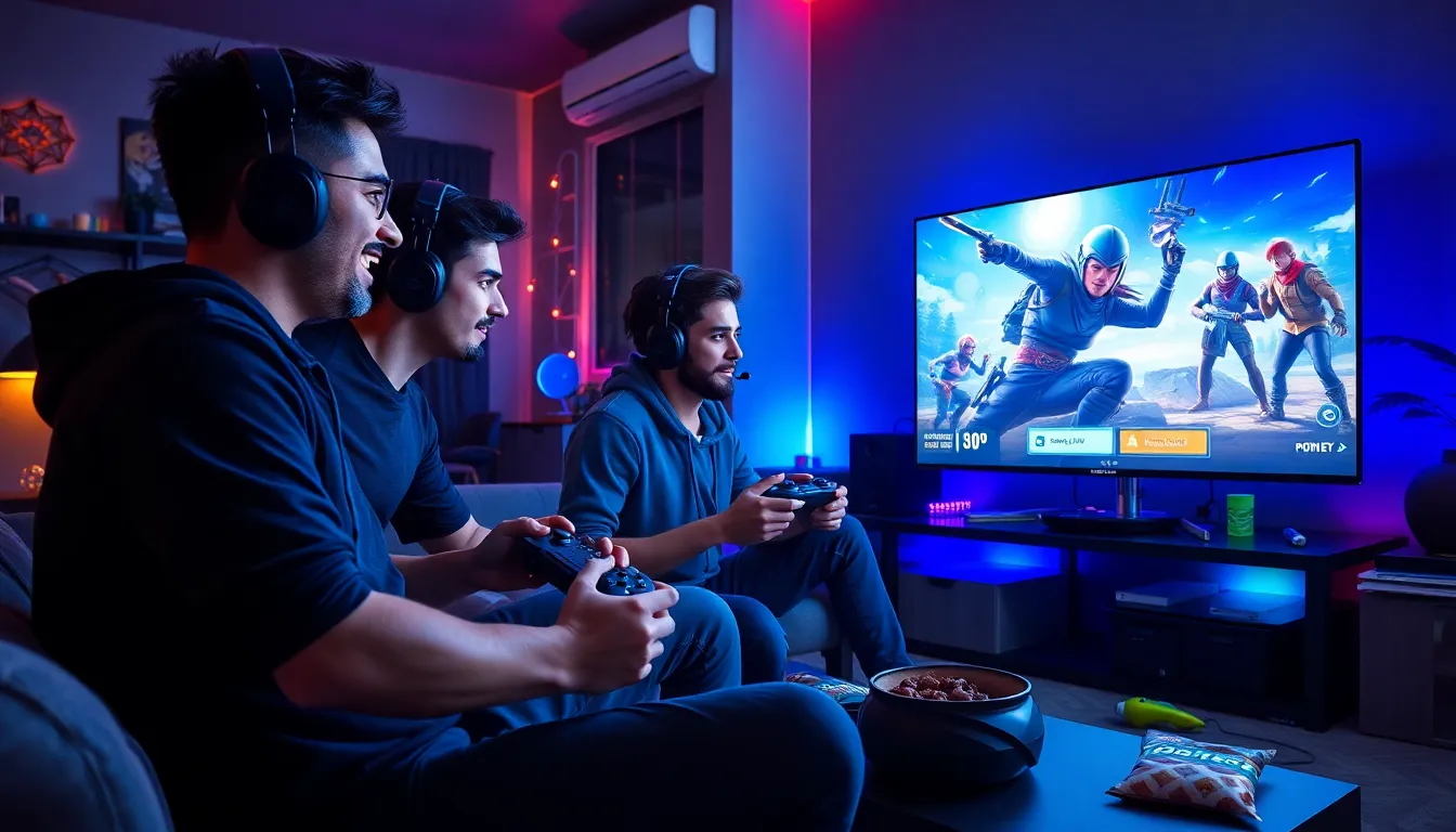 gamers engaged in a thrilling game session in a modern living room.