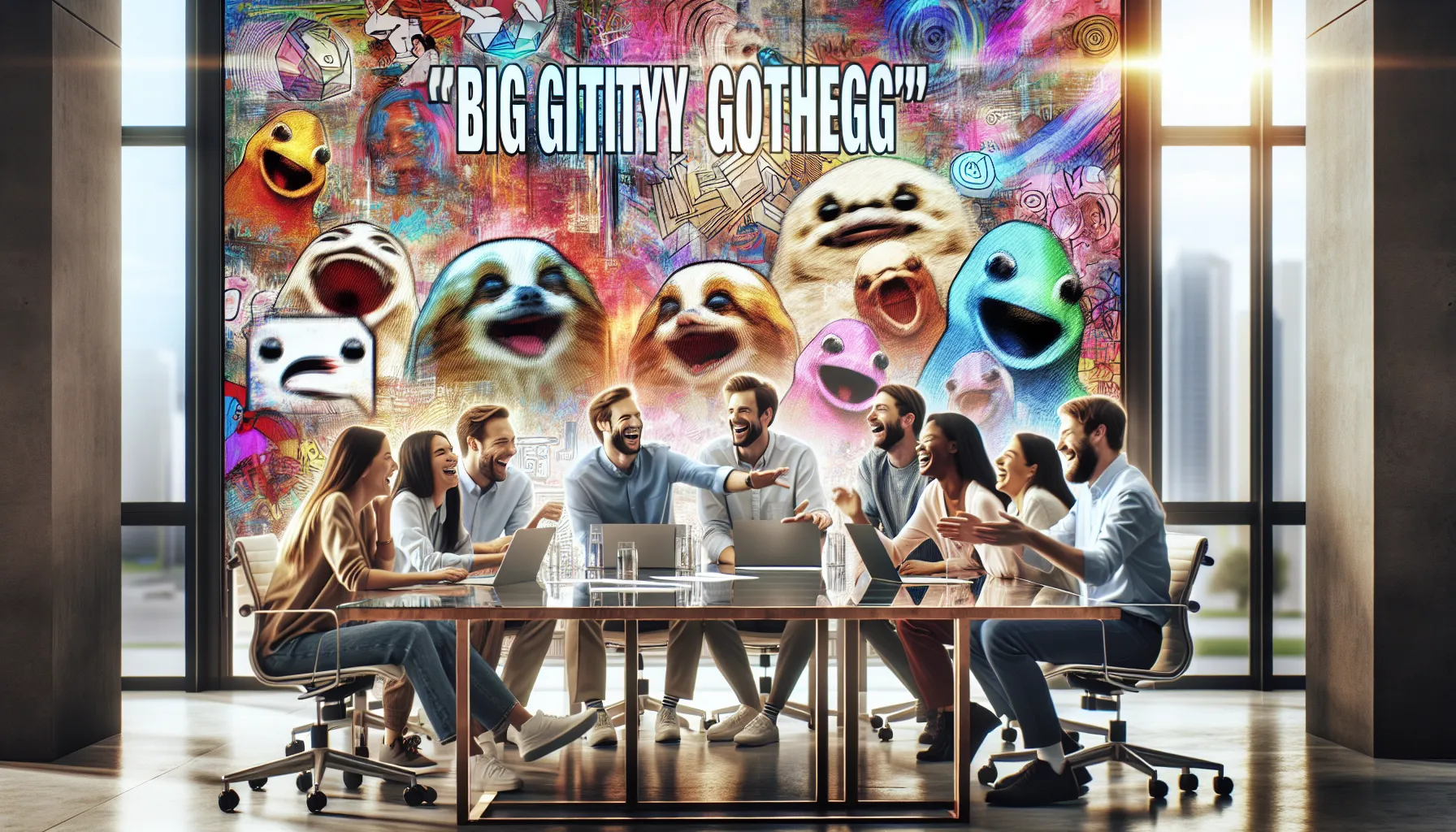 diverse group laughing and creating memes in a modern workspace.