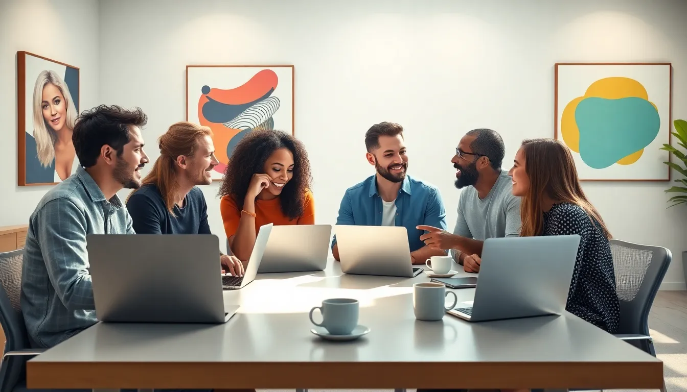 diverse group discussing memes in a modern office setting.