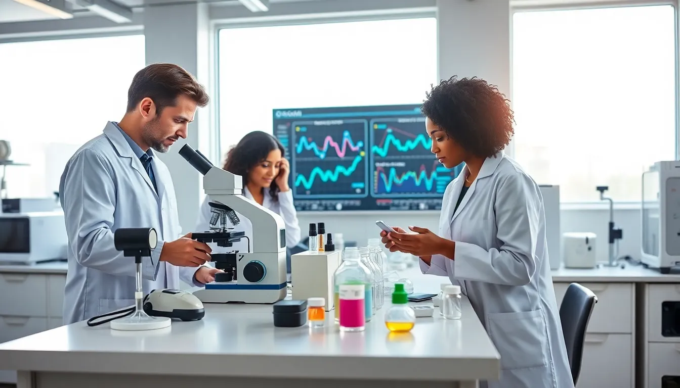 diverse scientists collaborating in a modern biotech lab.