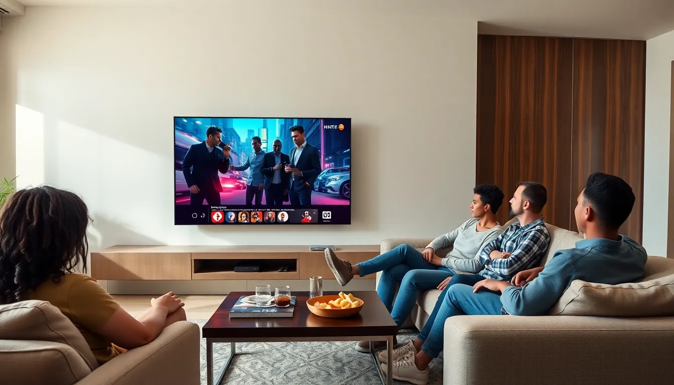 diverse group watching *Hunter* TV series in a modern living room.