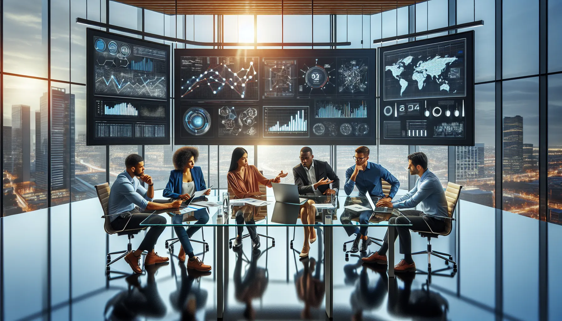 diverse professionals collaborating on telecommunications data in a modern office.