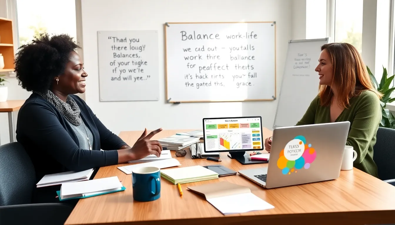 teachers collaborating in a modern lounge focused on work-life balance.