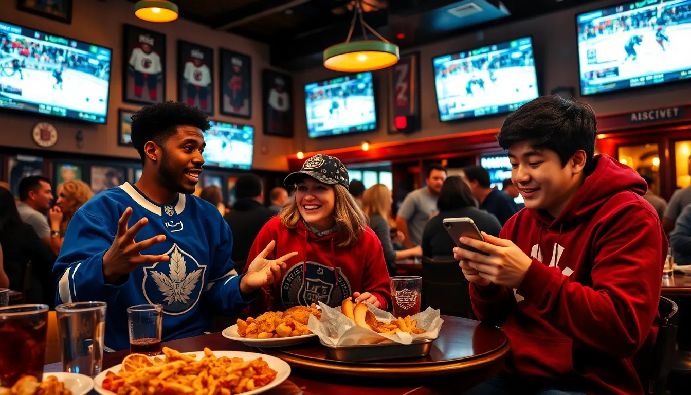 hockey fans discussing news in a lively sports bar.