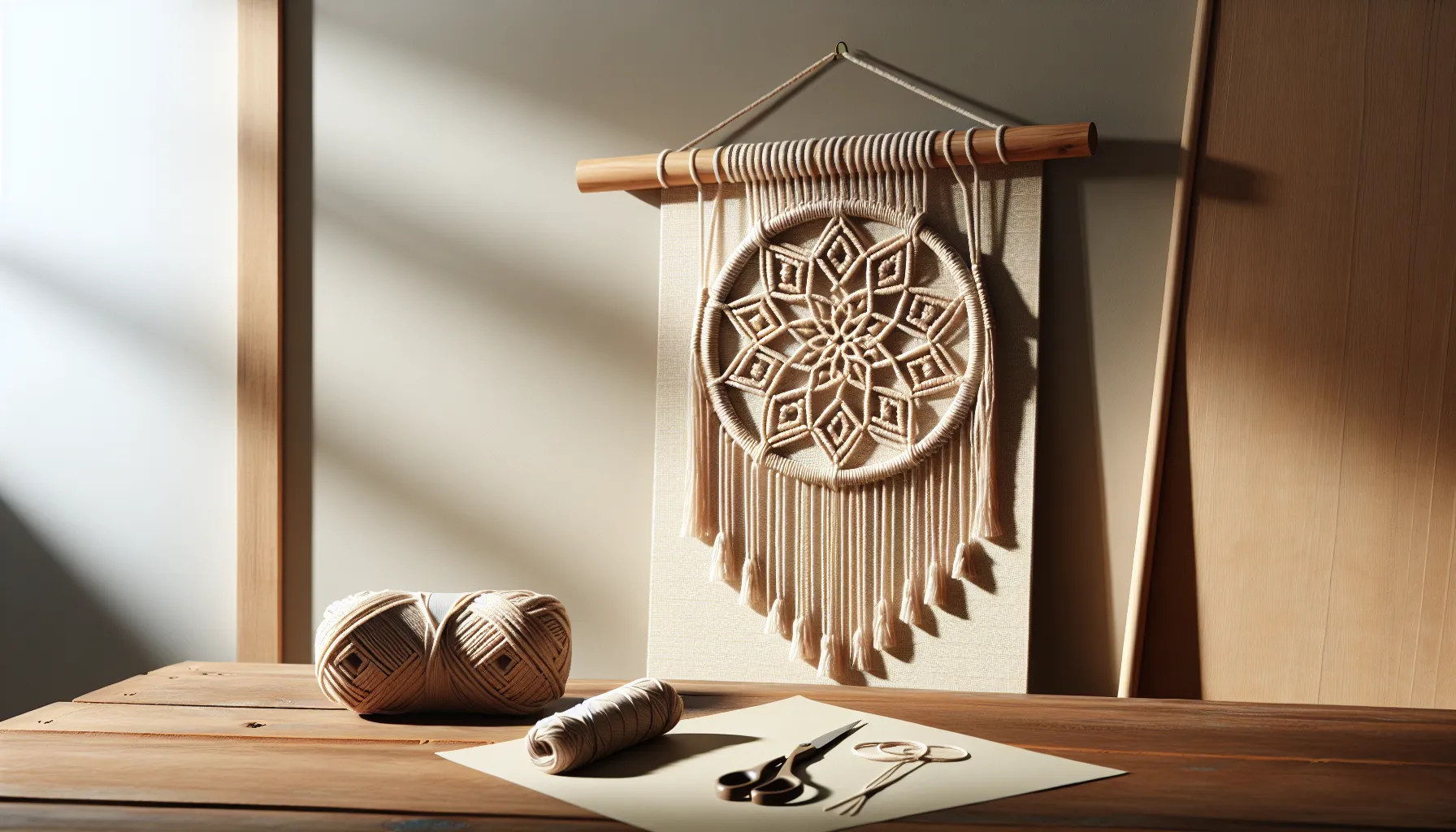 A handcrafted macrame wall hanging displayed against a neutral background.