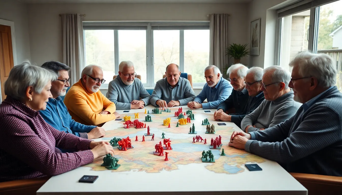seniors playing a war game around a modern table.