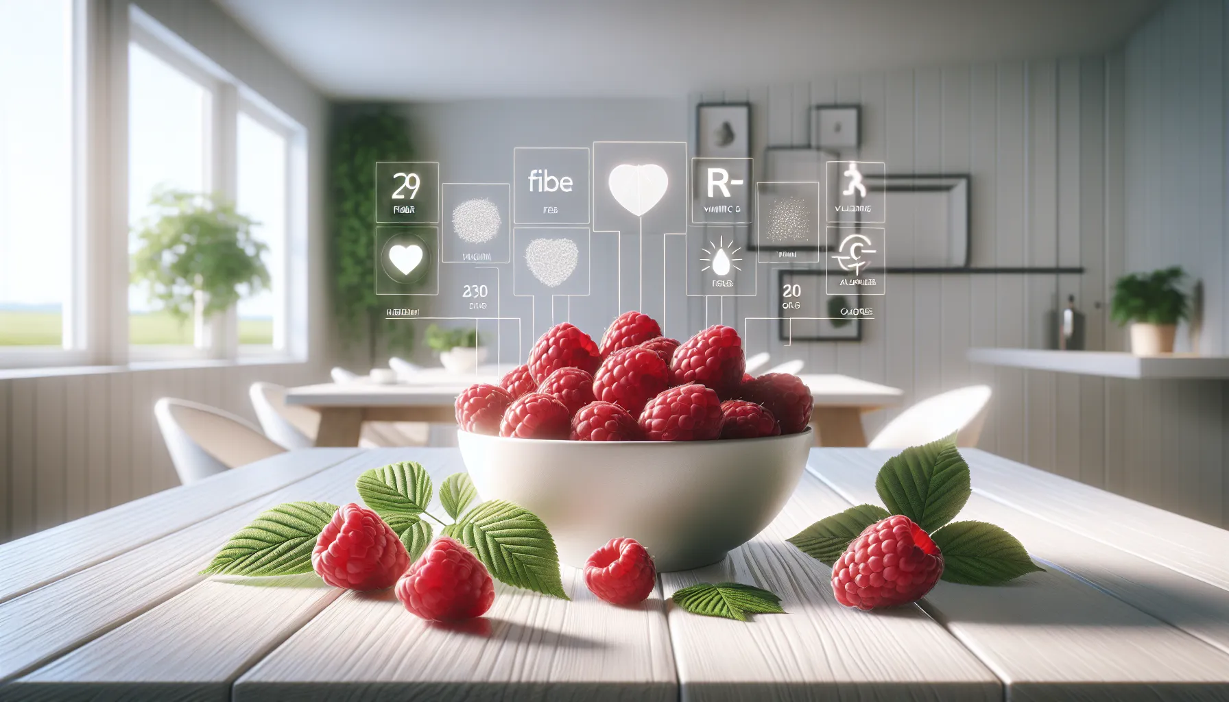 a bowl of fresh raspberries with nutrition icons in a modern kitchen