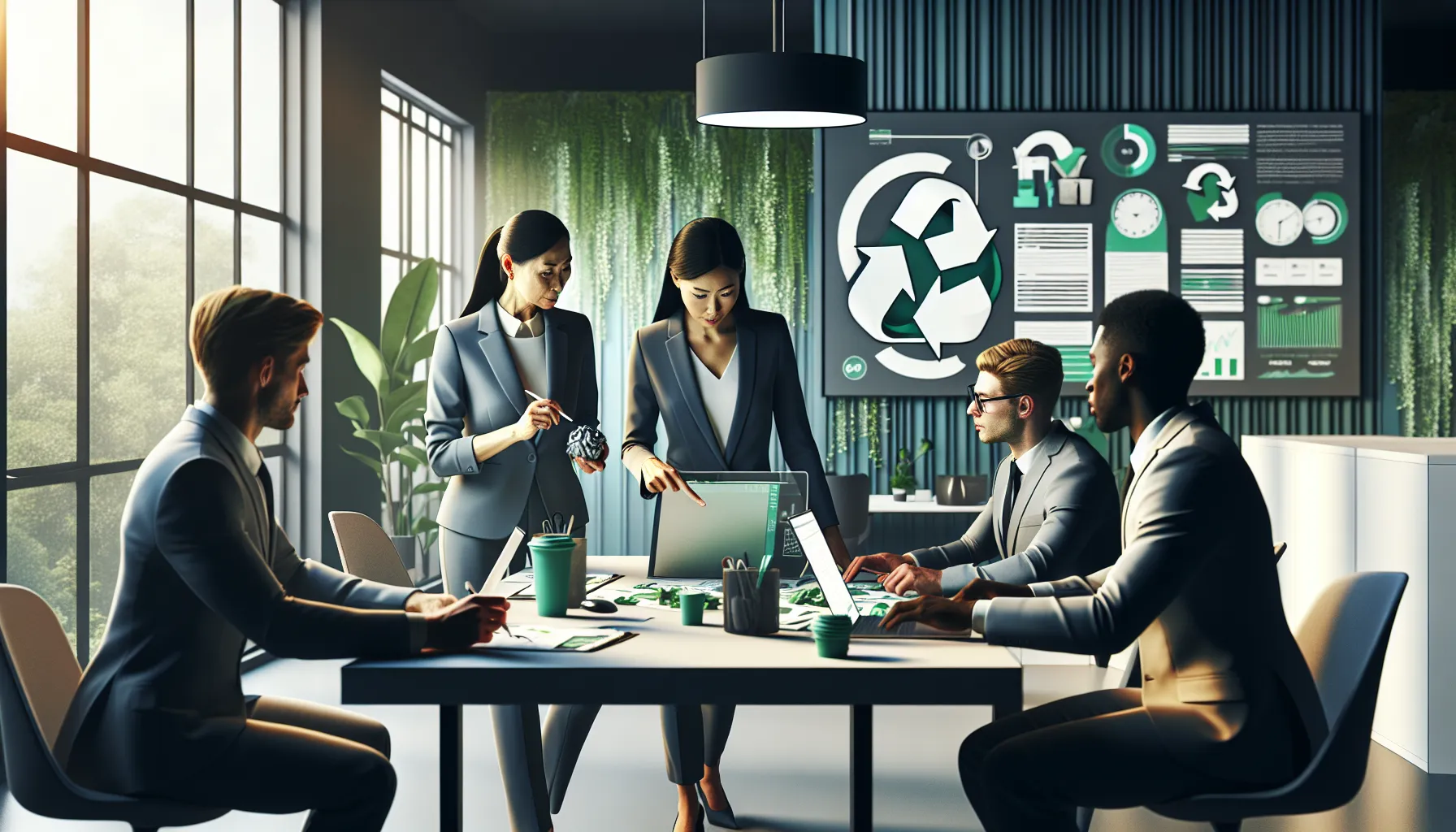 diverse team discussing sustainable waste management in a modern office.
