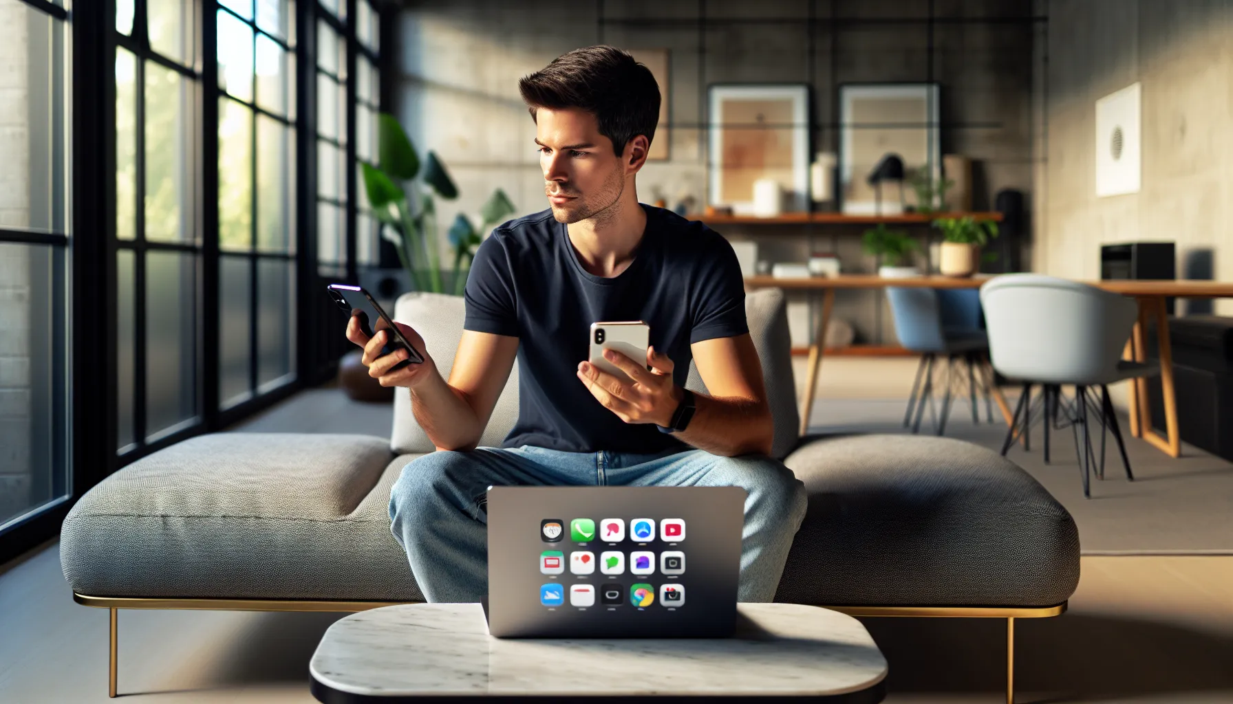 a user comparing an iPhone and Android phone in a modern living room.