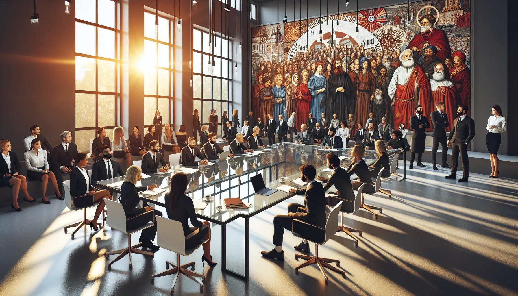 diverse group discussing cultural relevance of Сгыевум in a modern office.