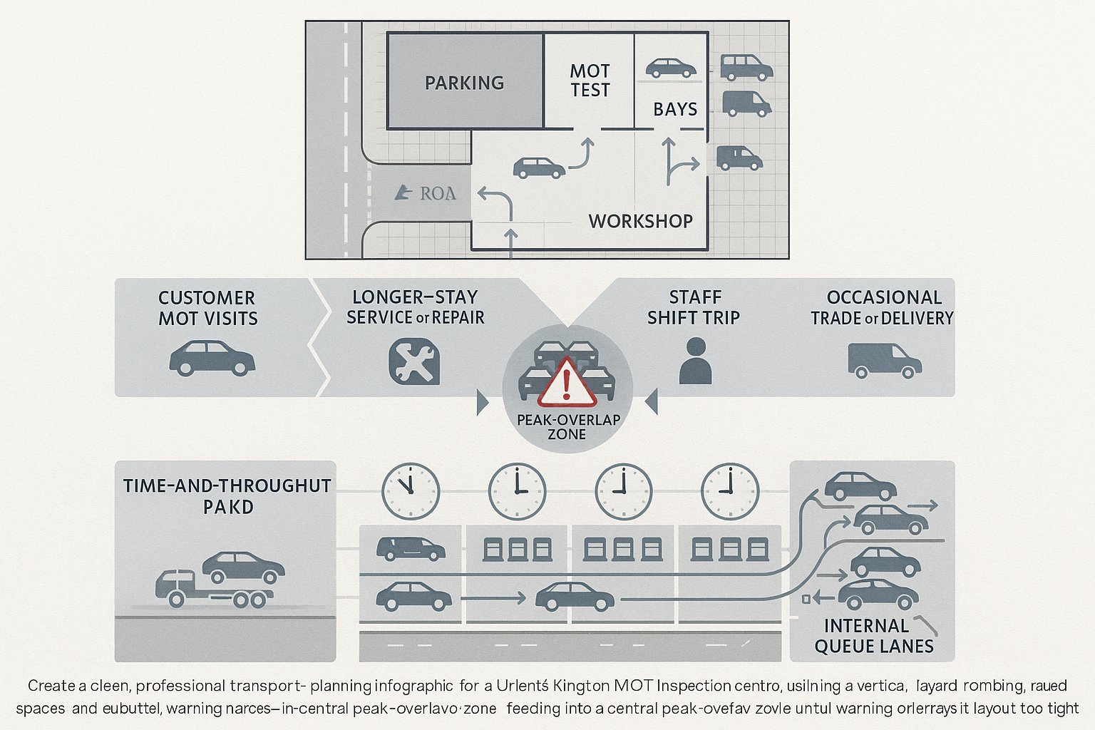 Infographic of MOT centre traffic, parking, queuing, and peak vehicle flow.