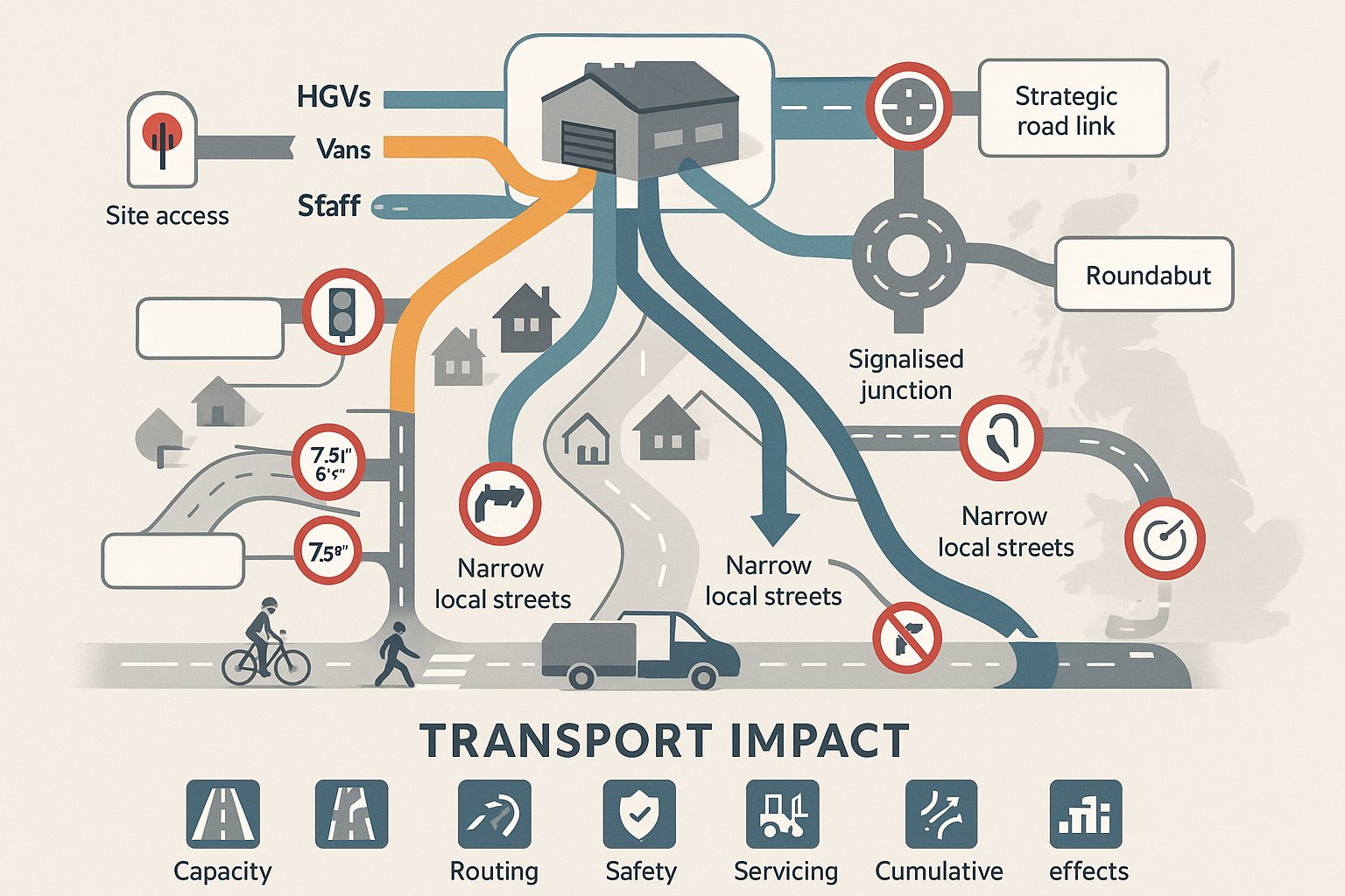 Infographic showing how warehouse traffic affects roads, congestion, routing and safety.