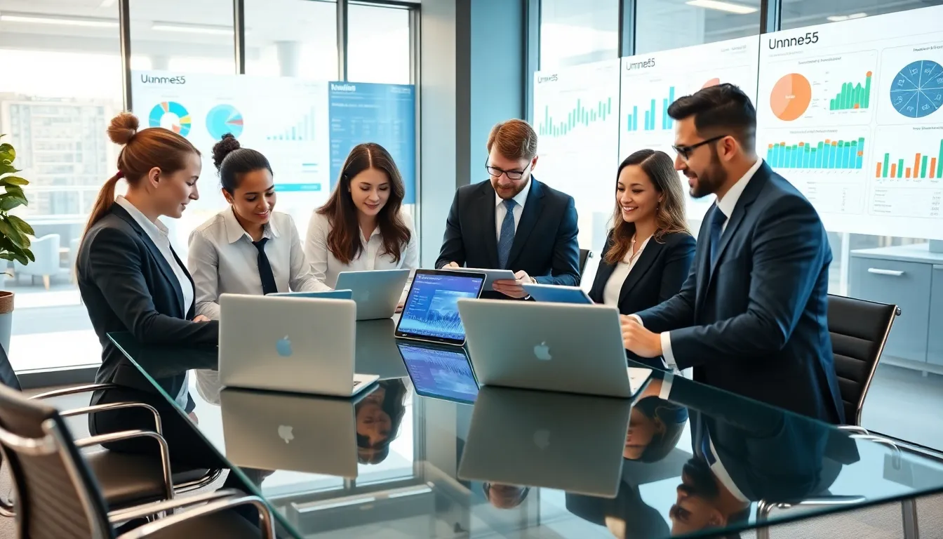 diverse professionals reviewing analytics in a modern office.