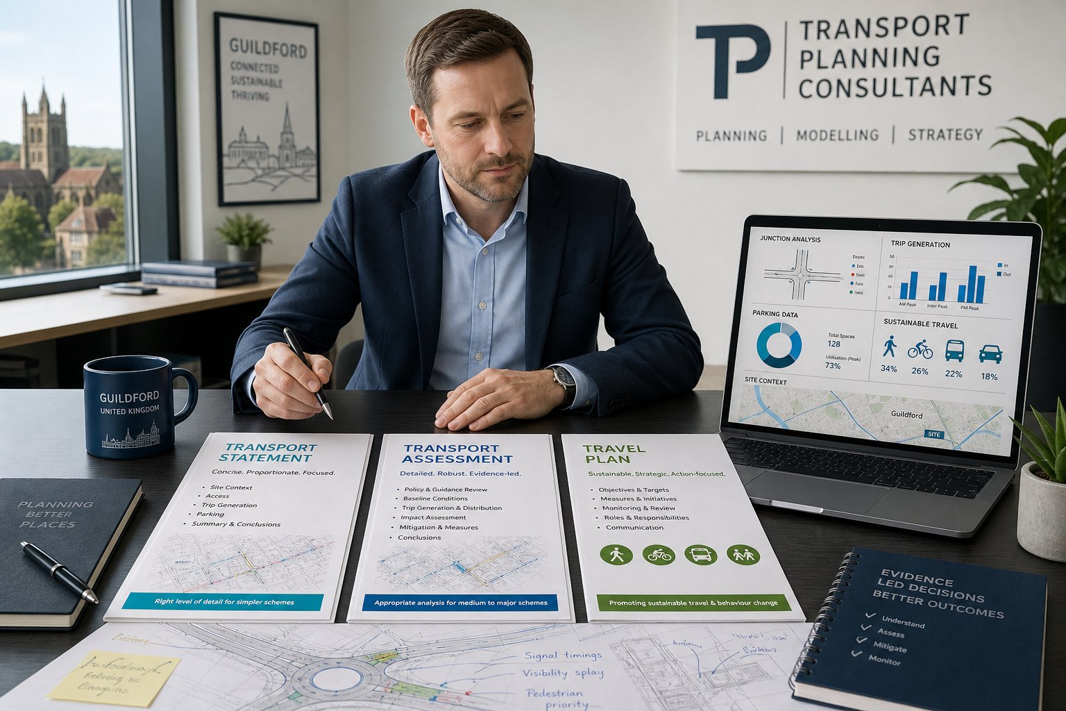 Traffic engineer reviewing transport planning reports in a modern office.